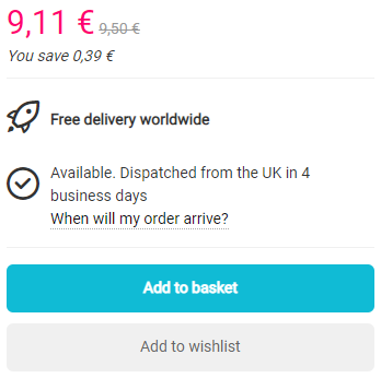 Bookdepository showing stock indicator, delivery moments and costs