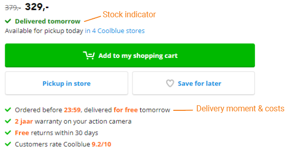Coolblue showing stock indicator and delivery moment and costs